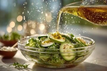 Pouring golden olive oil over a vibrant fresh green salad with avocado and cucumber slices in a glass bowl.