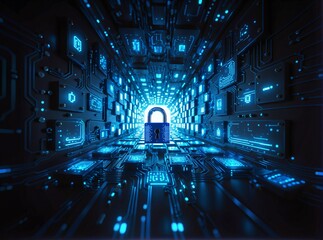 A futuristic digital tunnel of glowing blue circuit boards leads to a radiant, central lock  symbolizing cybersecurity and data protection in the tech age.