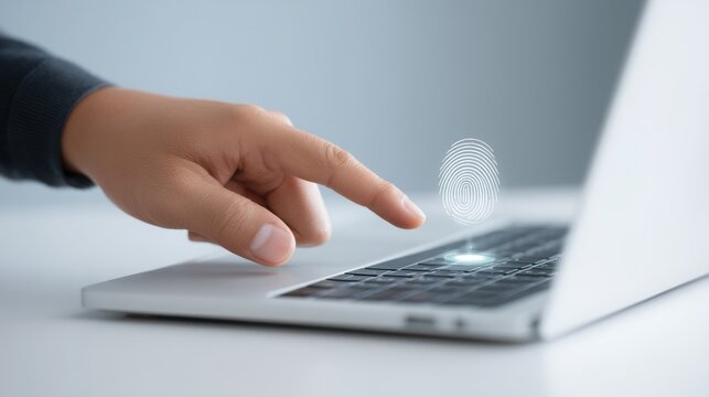 Business A hand hovering over a laptop keyboard with a holographic fingerprint displayed. - Powered by Adobe