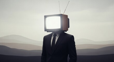 TV Headed Man Media Controlled with Mindless, and Neutral Background.