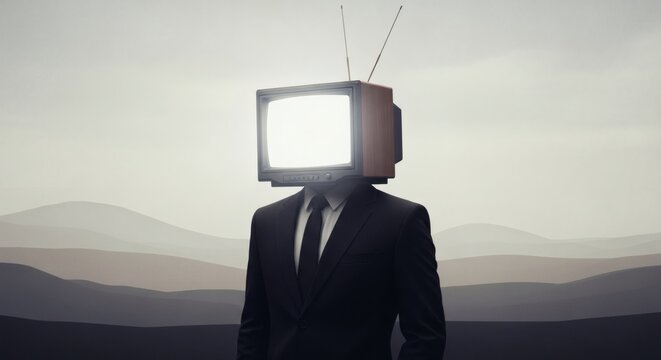TV Headed Man Media Controlled with Mindless, and Neutral Background.