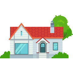 Charming White House With Red Tiled Roof Surrounded By Green Bushes And Trees On A Sunny Day With Blue Sky Accent