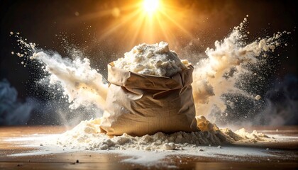 Explosion of Fresh Flour From a Burlap Sack on Wooden Surface with Golden Sunburst Light
