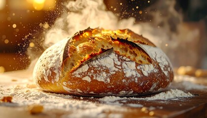 Artisan Sourdough Bread Baking Perfection Freshly Baked Crusty Loaf Emitting Steam and Flour Dust