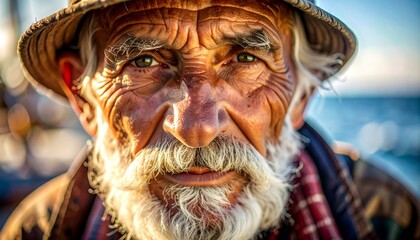 Close up portrait of a weathered wise old man with a white beard and hat telling stories of a lifetime at sea