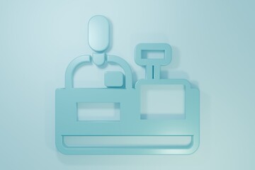 Fototapeta premium Blue Cashier at cash register supermarket icon isolated on blue background. Shop assistant, cashier standing at checkout in supermarket uniform. Minimalism concept. 3D render illustration