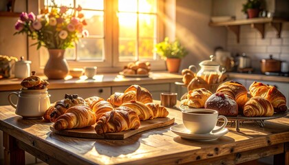 Golden Morning Light Illuminates Delicious Croissants and Coffee on a Rustic Kitchen Table Perfect Breakfast Scene