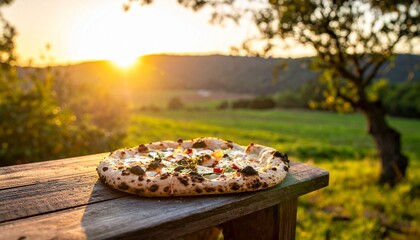 Delicious Wood Fired Pizza on Rustic Table Outdoors at Sunset with Scenic Countryside View