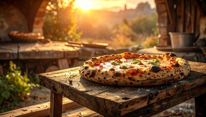 Delicious Neapolitan Pizza Freshly Baked in a Wood Fired Oven at Sunset