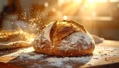 Artisan Sourdough Bread Baking Process Freshly Baked Loaf with Flour Dusting in Warm Sunlight