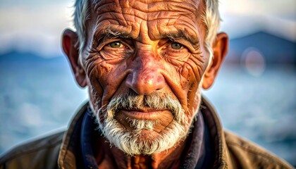 Portrait of a wise weathered old fisherman with deep wrinkles symbolizing life experience and resilience gazing directly at the viewer with a thoughtful expression