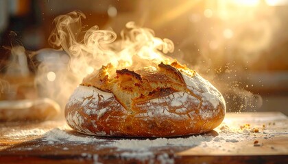 Freshly Baked Sourdough Bread Steaming Warmly in Sunlight Artisan Bakery Delight