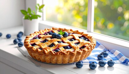 Freshly Baked Blueberry Lattice Pie Resting on a Windowsill with Fresh Blueberries and Greenery Bathed in Soft Sunlight
