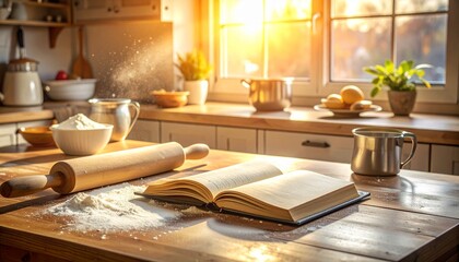 Warm Sunlight Illuminates a Rustic Kitchen Countertop with Baking Ingredients and an Open Recipe Book Inspiring Culinary Creativity and Home Cooking