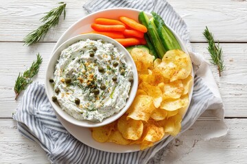 Creamy herb dip served with crisp potato chips and fresh vegetables