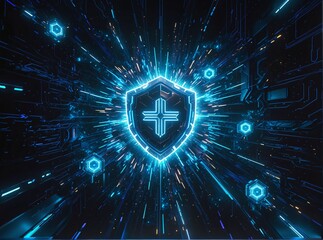 A futuristic, glowing blue shield with a cross emblem pulses at the center of a digital tunnel filled with neon circuit lines and hexagonal data nodessymbolizing advanced cybersecurity or tech protect