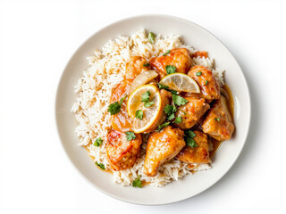 Senegalese Yassa chicken in lemon-onion sauce with rice Chicken curry with rice and lemon garnished with herbs  