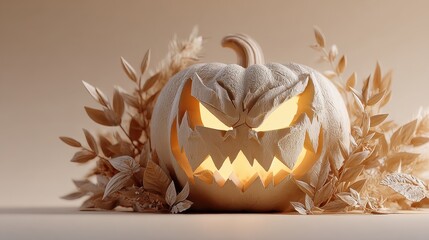 A carved pumpkin with a glowing, menacing face sits amidst dried, neutral toned foliage, creating a warm yet eerie ambiance.
