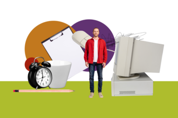 Composite trend artwork sketch photo collage of clock time management cup clipboard mouse computer monitor young guy student stand work