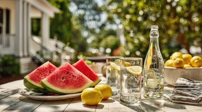 Watermelon slices and lemonade on a rustic wooden table, sunny backyard setting