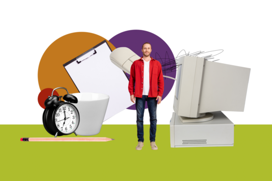 Composite trend artwork sketch photo collage of clock time management cup clipboard mouse computer monitor young guy student stand work