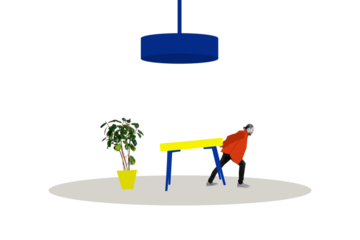 Trend artwork composite sketch 3D collage of miniature young man hand hold table moving furniture home domestic flower pot interior