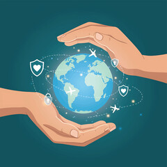 Illustration of two hands cradling a globe with shields, hearts, and airplanes on a dark teal background.