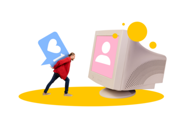 Creative collage picture young man carry back notification blogger avatar profile computer screen display monitor drawing background