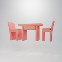 Pink Wooden table with chair icon isolated on pink background. Minimalism concept. 3D render illustration
