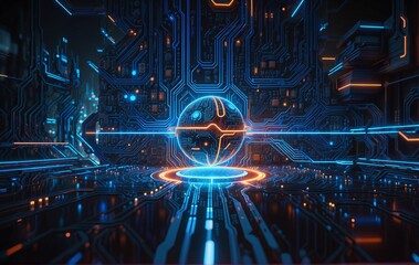 A futuristic, cybernetic sphere floats at the center of a glowing circuit board landscape, surrounded by intricate blue and orange neon pathwayssymbolizing advanced technology and digital connectivity