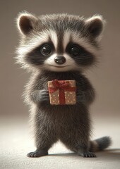 Obraz premium Adorable 3D Render of a Cute Baby Raccoon Holding a Tiny Gift Box with a Charming Expression
