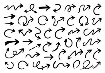 A dynamic set of hand-drawn arrows in various styles, including curved, straight, looped, zigzag, spiral, and dashed designs.