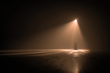 Mysterious object under spotlight in dark, hazy, reflective environment.