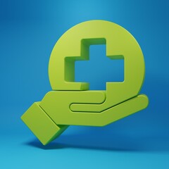 Fototapeta premium Green Cross hospital medical icon isolated on blue background. First aid. Diagnostics symbol. Medicine and pharmacy sign. Minimalism concept. 3D render illustration