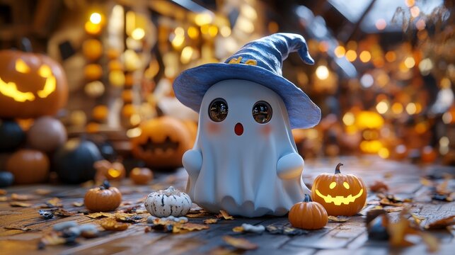 Adorable 3D Render of a Baby Ghost Wearing a Tiny Witch Hat Surrounded by Pumpkins and Autumn Decor