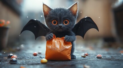 Obraz premium Adorable 3D Render of Baby Cat with Bat Wings, Capturing Playfulness and Charm in a Whimsical Setting