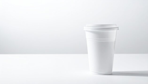 White plastic cup with lid, on white surface