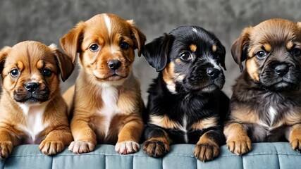 A group of four puppies sitting on top of a blue couch