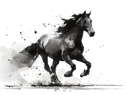 墨絵の黒馬｜躍動感ある和風アート
