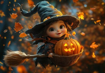 Playful 3D Render of a Baby Witch Flying on a Broomstick with a Pumpkin Surrounded by Autumn Leaves