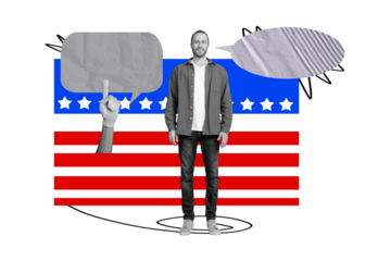 Composite photo collage of happy man president stand america flag hand point support finger bubble vote isolated on painted background