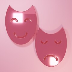 Pink Comedy and tragedy theatrical masks icon isolated on pink background. Minimalism concept. 3D render illustration