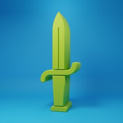 Green Dagger icon isolated on blue background. Knife icon. Sword with sharp blade. Minimalism concept. 3D render illustration