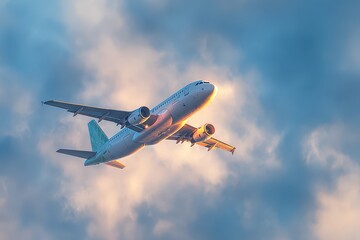 A passenger jet ascending through a warm, golden hour sky with soft clouds.