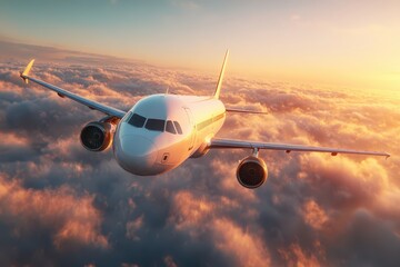 A passenger jet flying high above beautiful golden clouds during sunset.