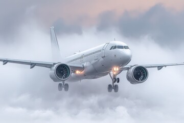 Obraz premium A modern white commercial passenger jet flying through soft clouds.