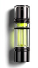 Fototapeta premium A sleek, modern flashlight with a transparent body revealing a bright yellow light source. The flashlight features black accents and is presented in a clean studio setting with a soft shadow.