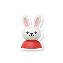 Cute bunny un red t-shirt in sticker style on white background. Symbol of easter and spring, decoration for children's room, school or kindergarten or nursery. Bright toy smiling print for notebooks