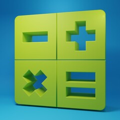 Obraz premium Green Calculator icon isolated on blue background. Accounting symbol. Business calculations mathematics education and finance. Minimalism concept. 3D render illustration