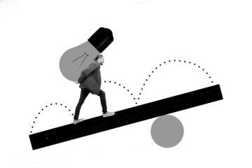 Creative collage picture young man carry huge lightbulb electrical power lamp eureka idea plan balance platform decision solution